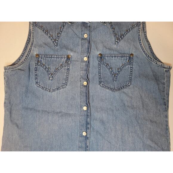 Adobe Rose Denim Western Sleeveless Horse Pearl Snaps Shirt Cowgirl Chic Studs - Picture 2 of 11